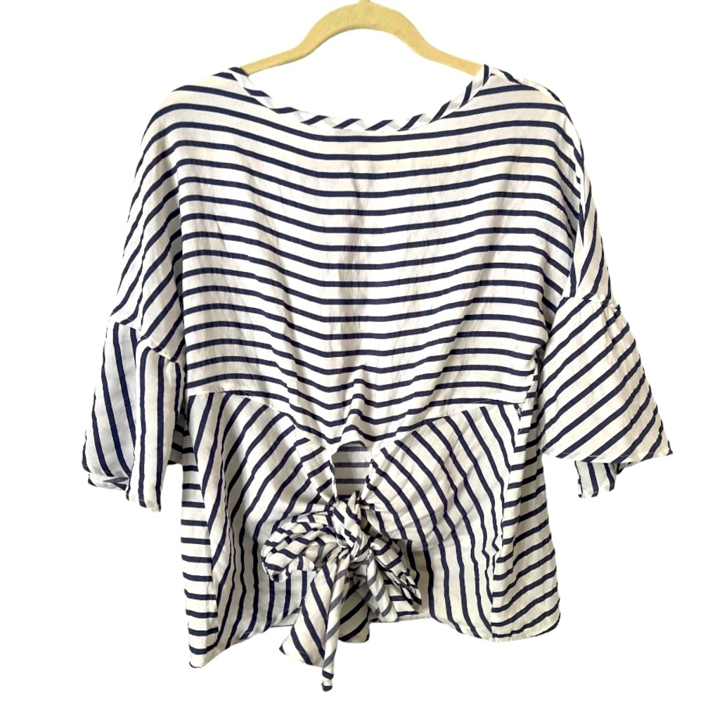 Express Tie Back Blue White Striped Bell Sleeve Crewneck Top w Cutout